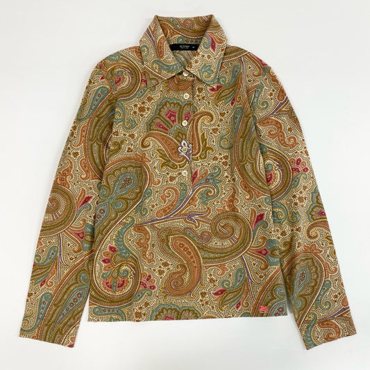 67j6 《美品》 ETRO エトロ イタリア製 長袖ポロシャツ カットソー ペイズリー柄 レディース 女性用 44 ブラウン系u02t