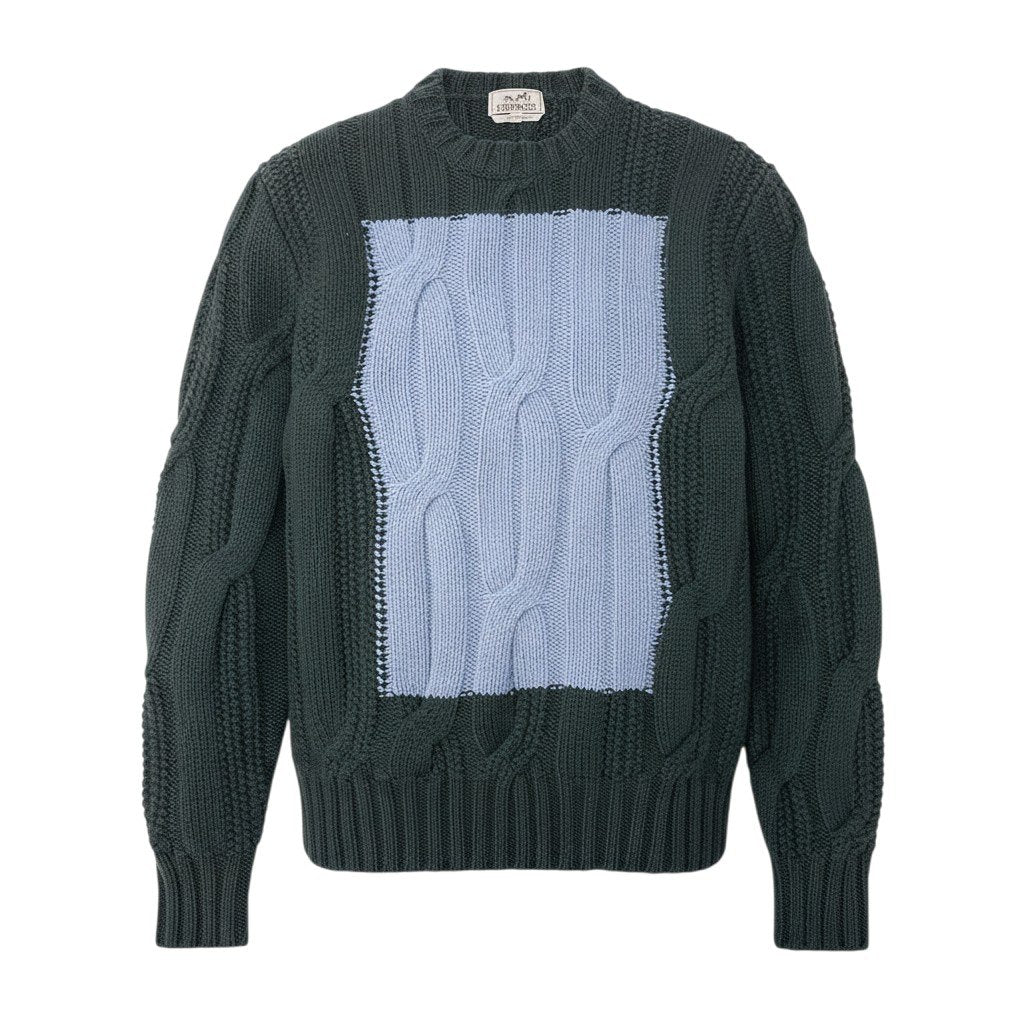 47j16 【未使用】 HERMES エルメス 22aw バイカラー ケーブル編み ニットセーター サイズM ダークグリーン ライトブルー ウール カシミヤ メンズu02t
