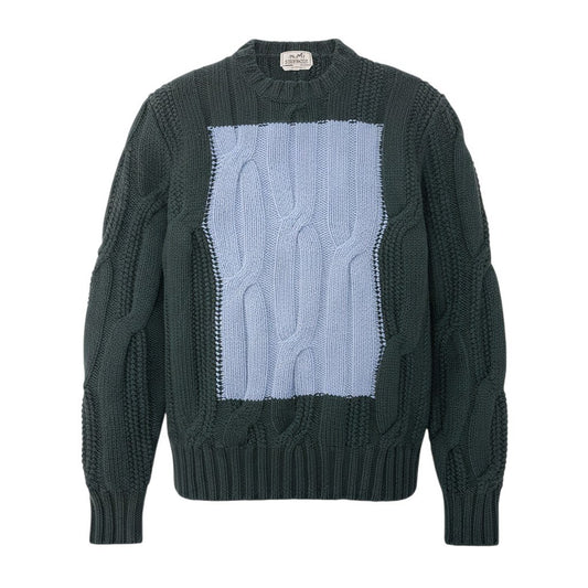 47j16 【未使用】 HERMES エルメス 22aw バイカラー ケーブル編み ニットセーター サイズM ダークグリーン ライトブルー ウール カシミヤ メンズu02t