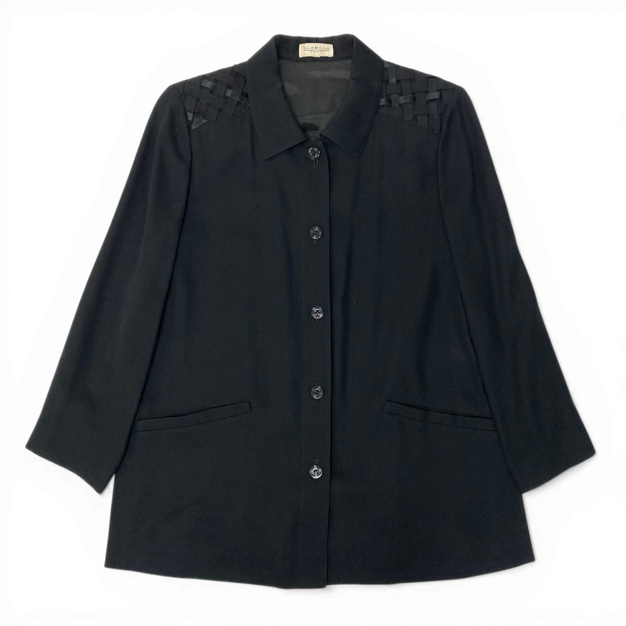 84c27 GLAMOUR by GIVENCHY ジバンシィ ロングシャツ チュニック丈 ウールブレンド ロングスリーブシャツ 薄手 レディース 女性服 サイズ44 ブラックu02t