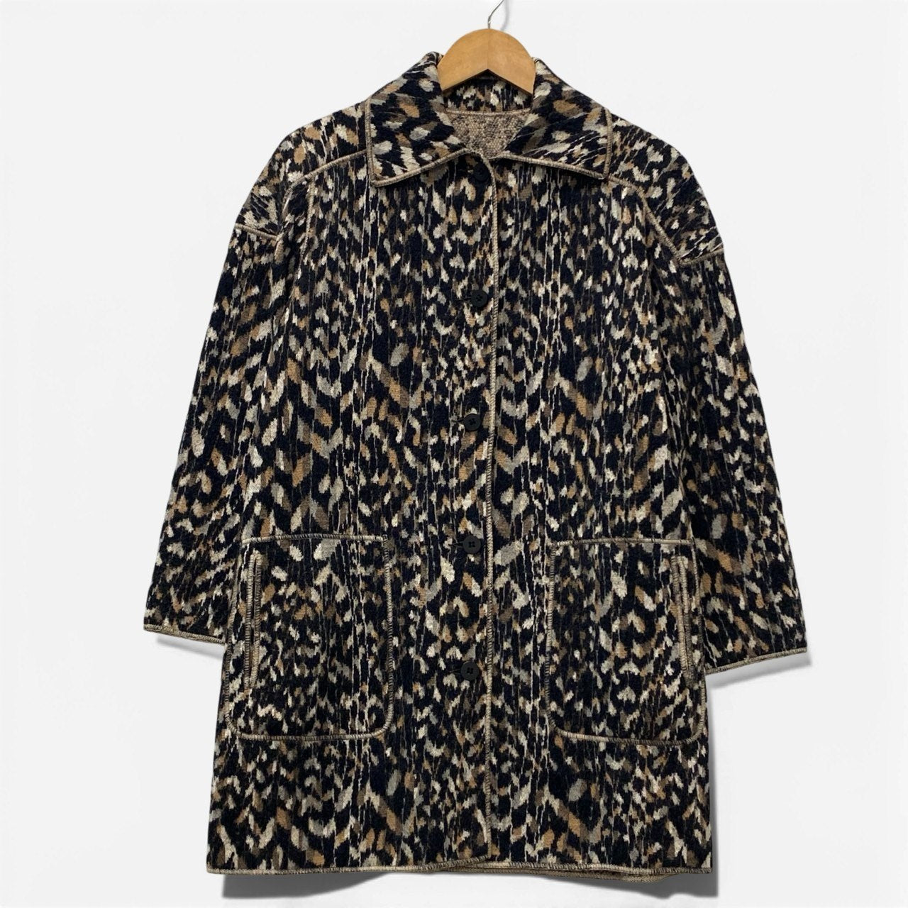 11a30 【美品】MISSONI ミッソーニ ウールニットリバーシブルコート ロングコート 総柄 イタリア製 42サイズ マルチカラー レディース 女性用u02t