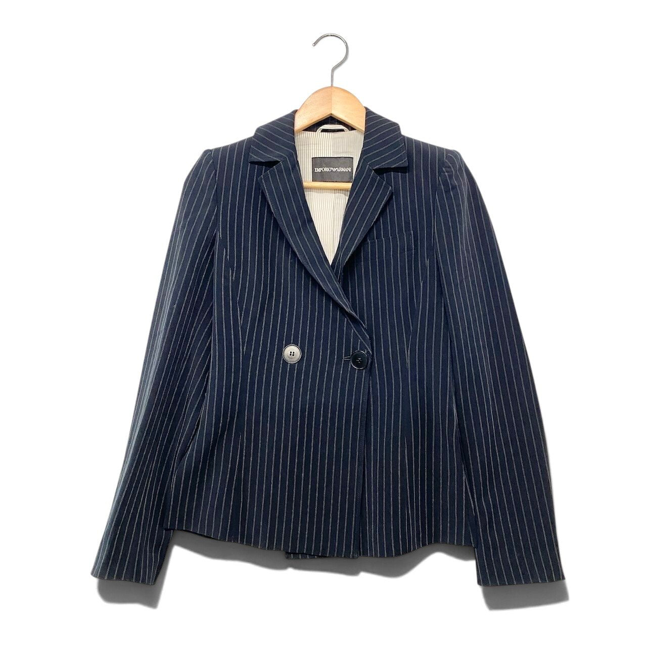 48i1 EMPORIO ARMANI エンポリオアルマーニ バックベルト テーラードジャケット ダブルブレスト ストライプ柄 ネイビー レディース 女性用u02t