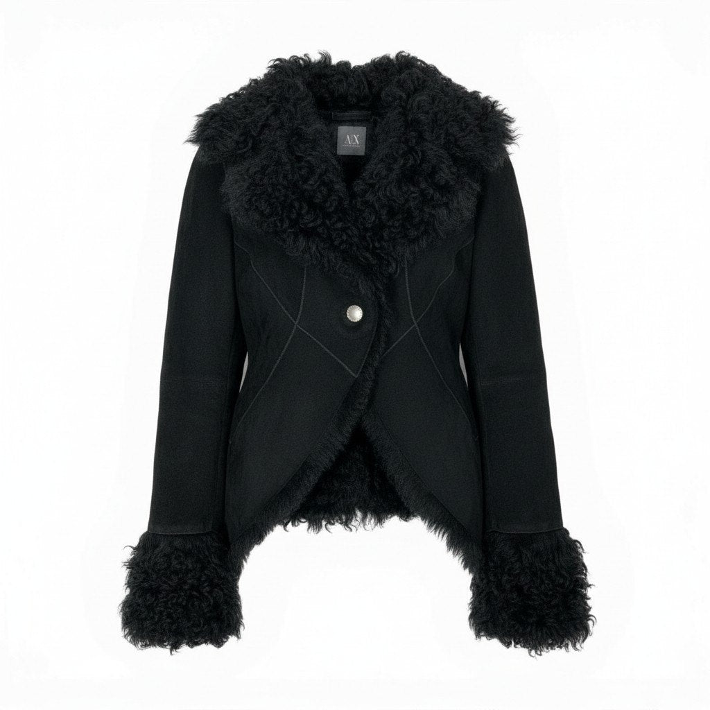 37a19 【ヴィンテージ】ARMANI EXCHANGE アルマーニエクスチェンジ ラムファー ショートレザージャケット サイズXS ブラック レザー レディース アウター ファージャケットk02i