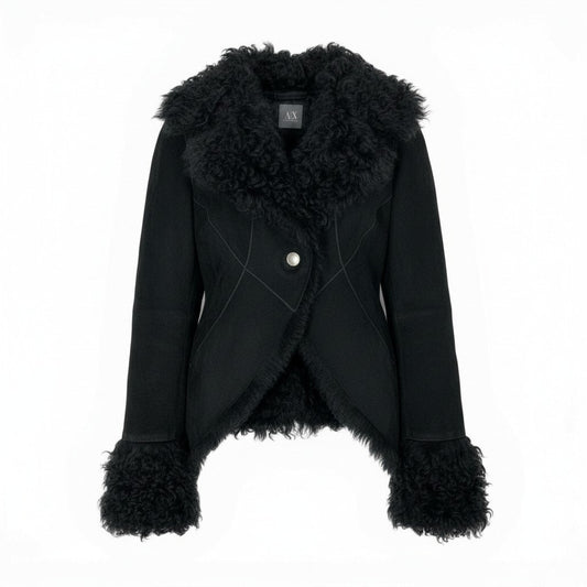 37a19 【ヴィンテージ】ARMANI EXCHANGE アルマーニエクスチェンジ ラムファー ショートレザージャケット サイズXS ブラック レザー レディース アウター ファージャケットk02i