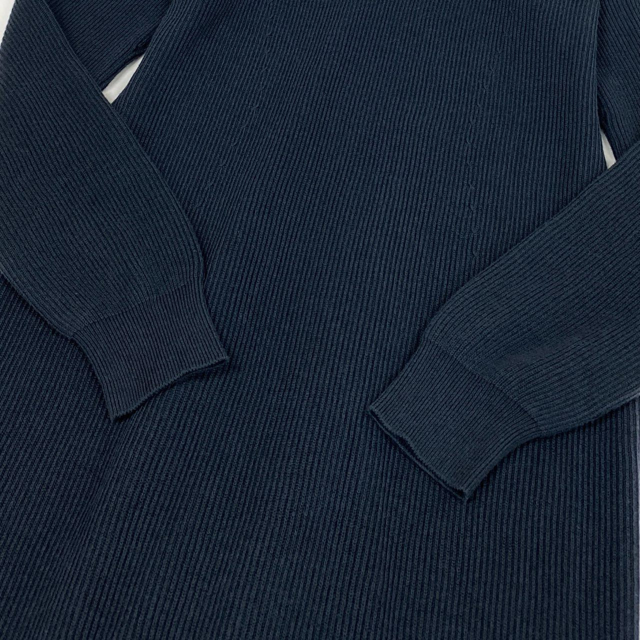 37L23 HERMES エルメス リブニットワンピース ハイネック ロングスリーブ ハーフボタン イタリア製 40サイズ ネイビー系 レディース 女性用o07t