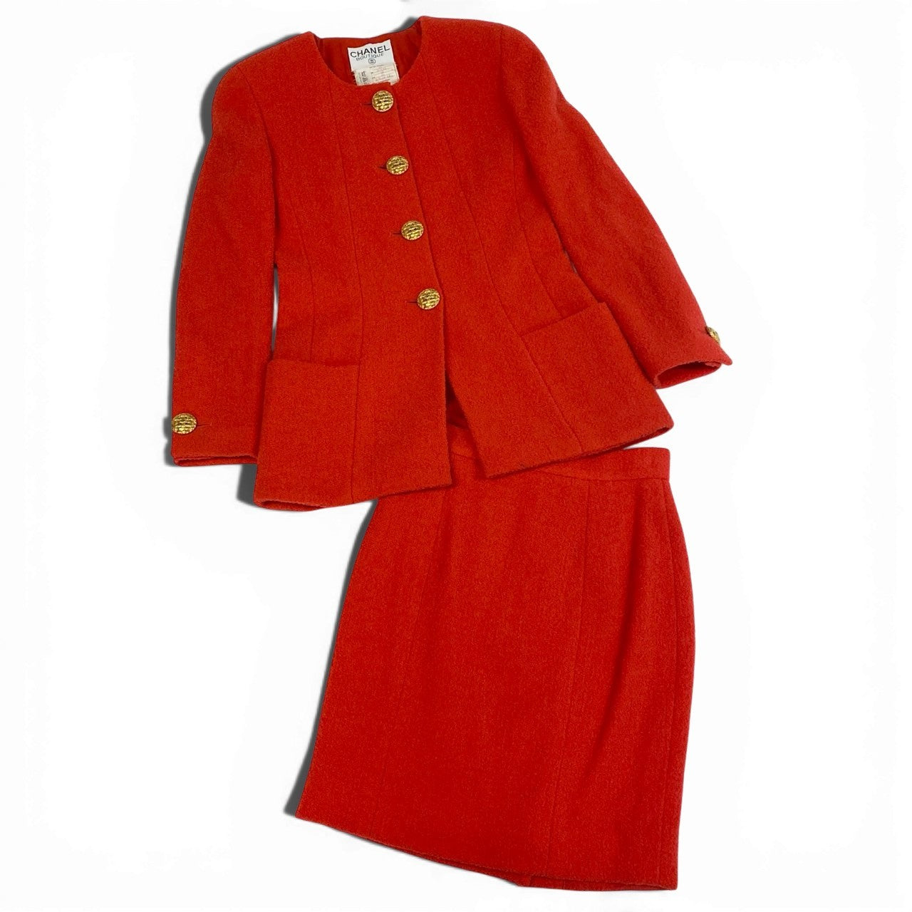 44a15 【archive】CHANEL ヴィンテージ シャネル 1994年 ランウェイ ツイードジャケット スカート セットアップ ゴールドボタン サイズ36 レッド レディースta1