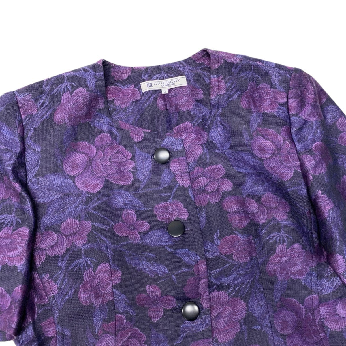 92h3 【大きいサイズ】 GIVENCHY ジバンシー ノーカラー リネンジャケット ジャガード調 フォーマルスーツ 花柄 半袖ジャケット 413622-66 13 パープル 麻100％ レディース 女性用o07t