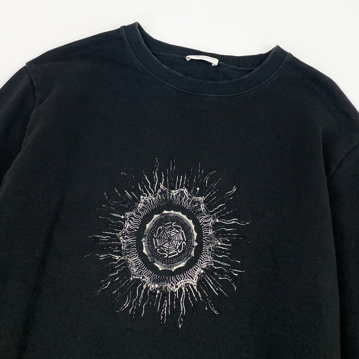 22i15 SAINT LAURENT サンローラン クルーネックスウェット ラインストーン ビーズ刺繍 Sサイズ ブラック コットン100％ メンズ 男性用u02t