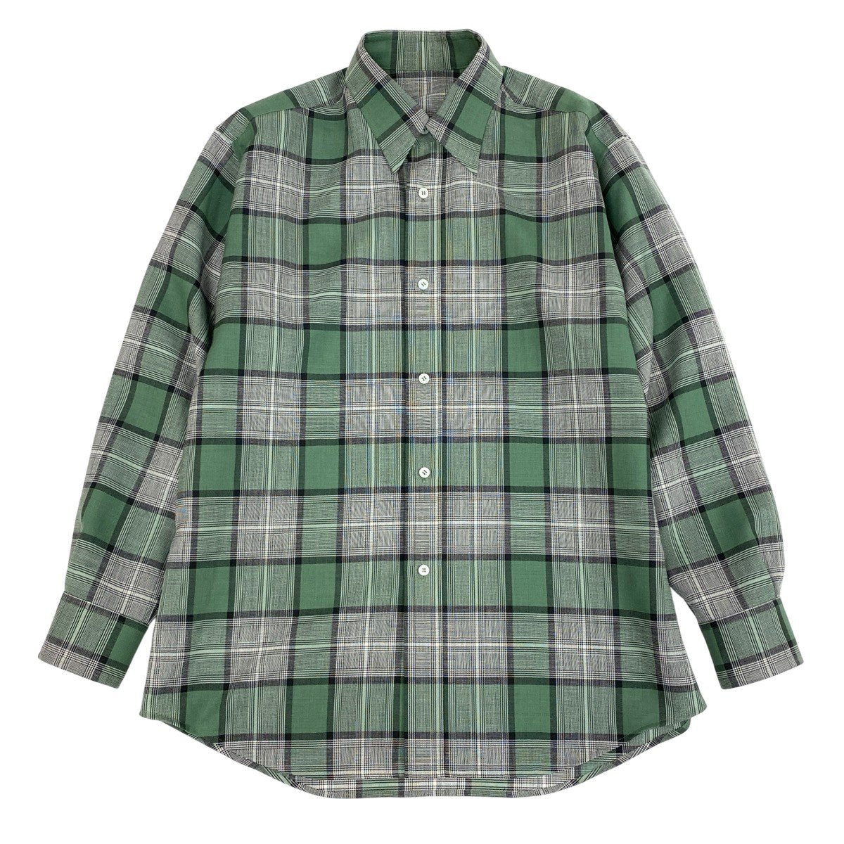 54f29 【美品】 Cale カル ロングスリーブ チェックシャツ 薄手 サイズ3 グリーン系 ウール100％ メンズ 紳士服u02t