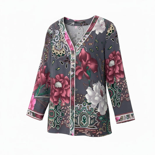 83b23 LEONARD レオナール Vネックカーディガン カンカン素材 美しいプリント チュニック丈 ストレッチ 0169219 42サイズ マルチカラー レディース 女性用u02t