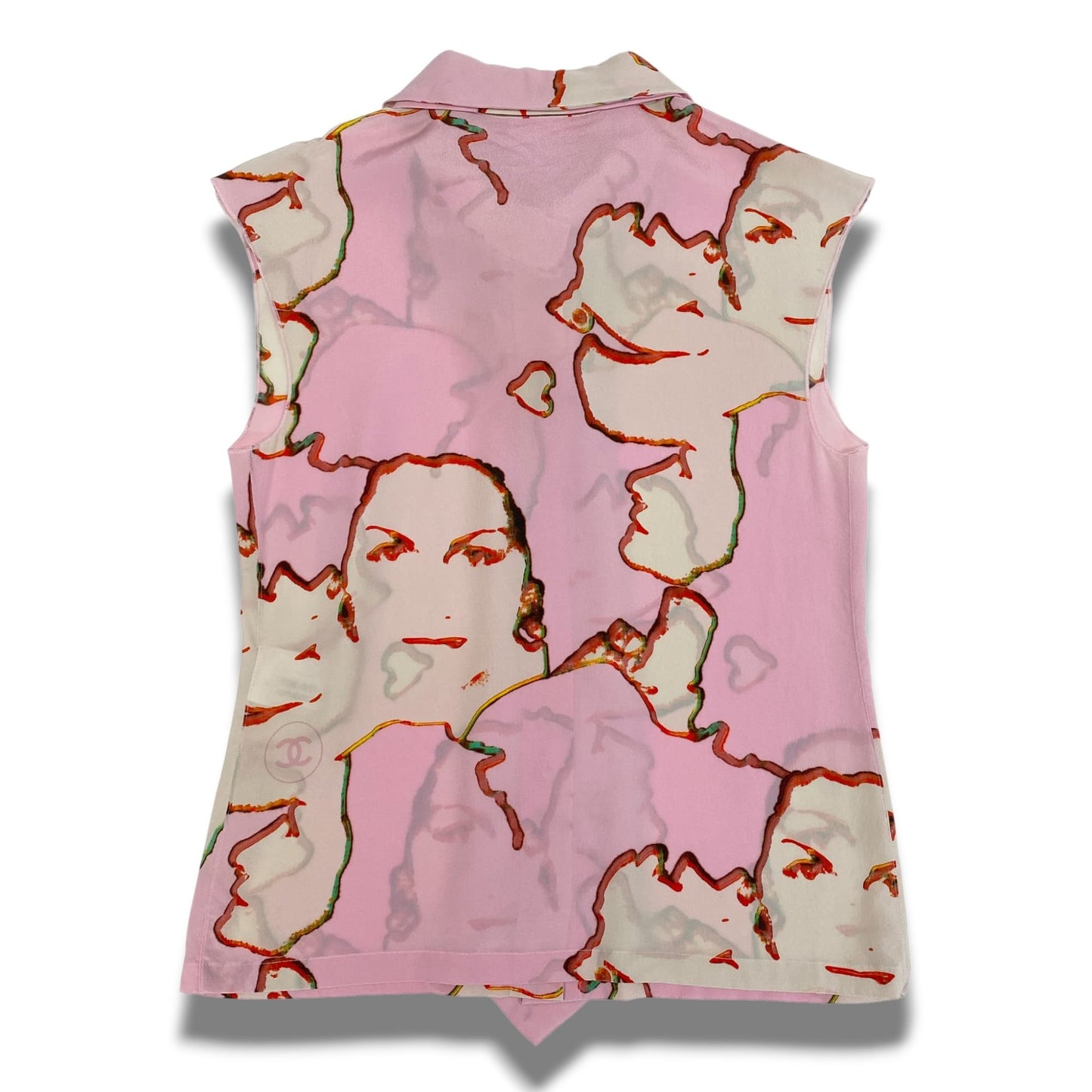 b23 CHANEL シャネル 1999年 99P ネクタイ付き ノースリーブ シルクブラウス サイズ38 ピンク シルク100％ レディース トップスta1