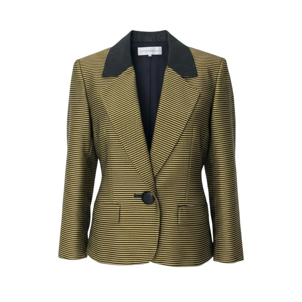 86i15 YVES SAINT LAURENT イヴサンローラン テーラードジャケット ストライプ柄 異素材切替 サイズ36 ブラック イエロー レディースo07t