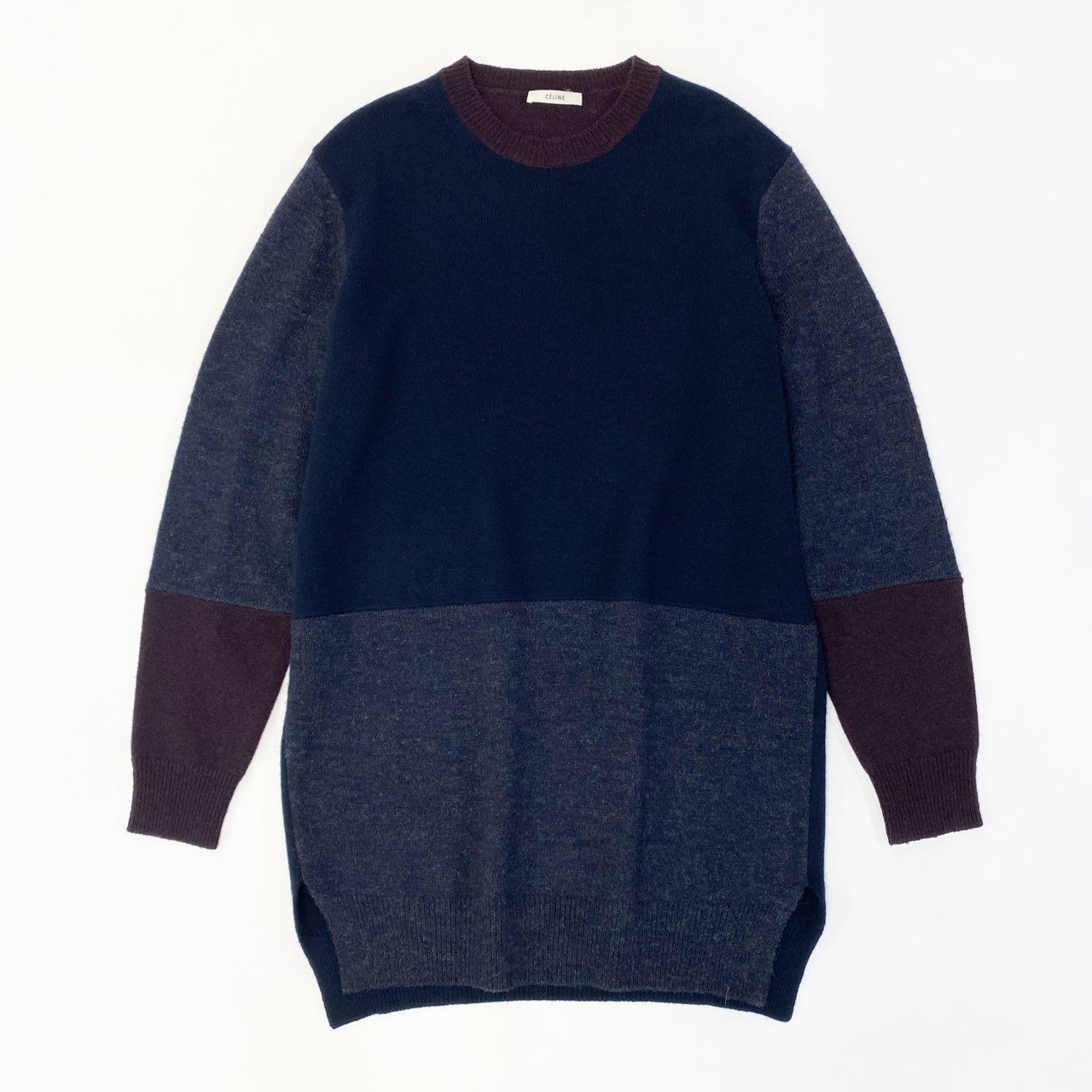 85a16 【美品】 CELINE セリーヌ 切替ニットワンピース 膝丈 ウールカシミヤ混 ロングスリーブ レディース 女性用 S マルチカラーo07t