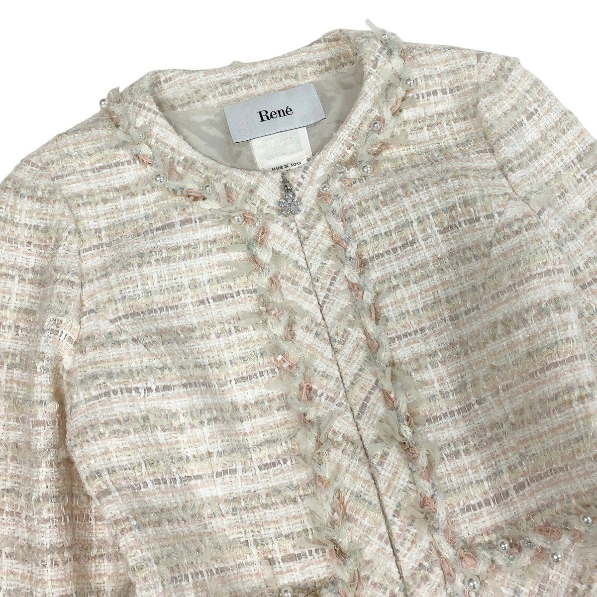 50f29 Rene ルネ ツイードパール ノーカラージャケット 6943450 サイズ36 ホワイト ピンク Tweed Pearl Jackett18r