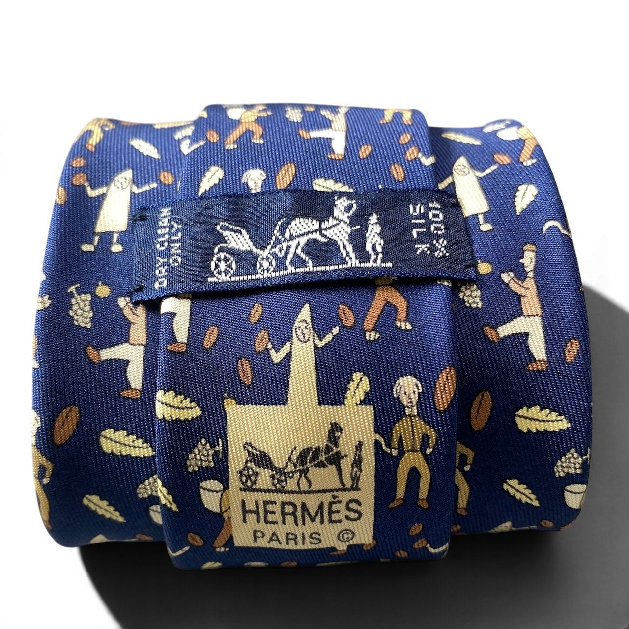g18 HERMES エルメス ネクタイ 総柄 人柄 フランス製 ブルー シルク100％ メンズ 男性用u02t