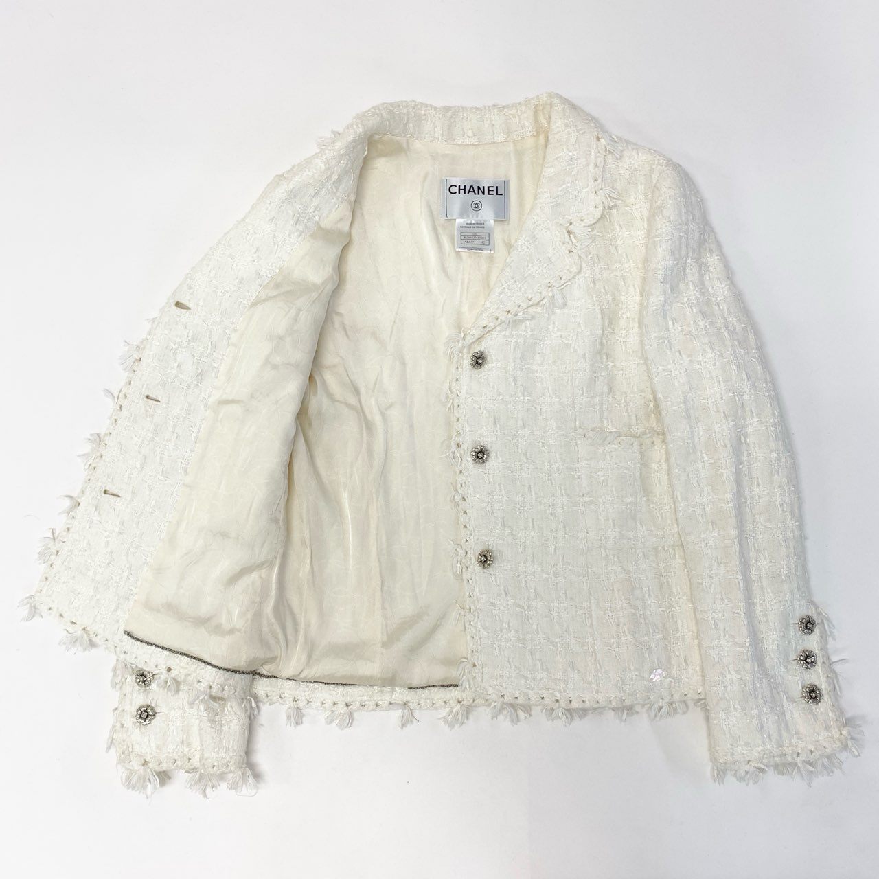 Ca15 CHANEL シャネル 2005 カメリアボタン ツイードジャケット 05C Tweed Jacket P24873V15453 42 ホワイト レディースo07t