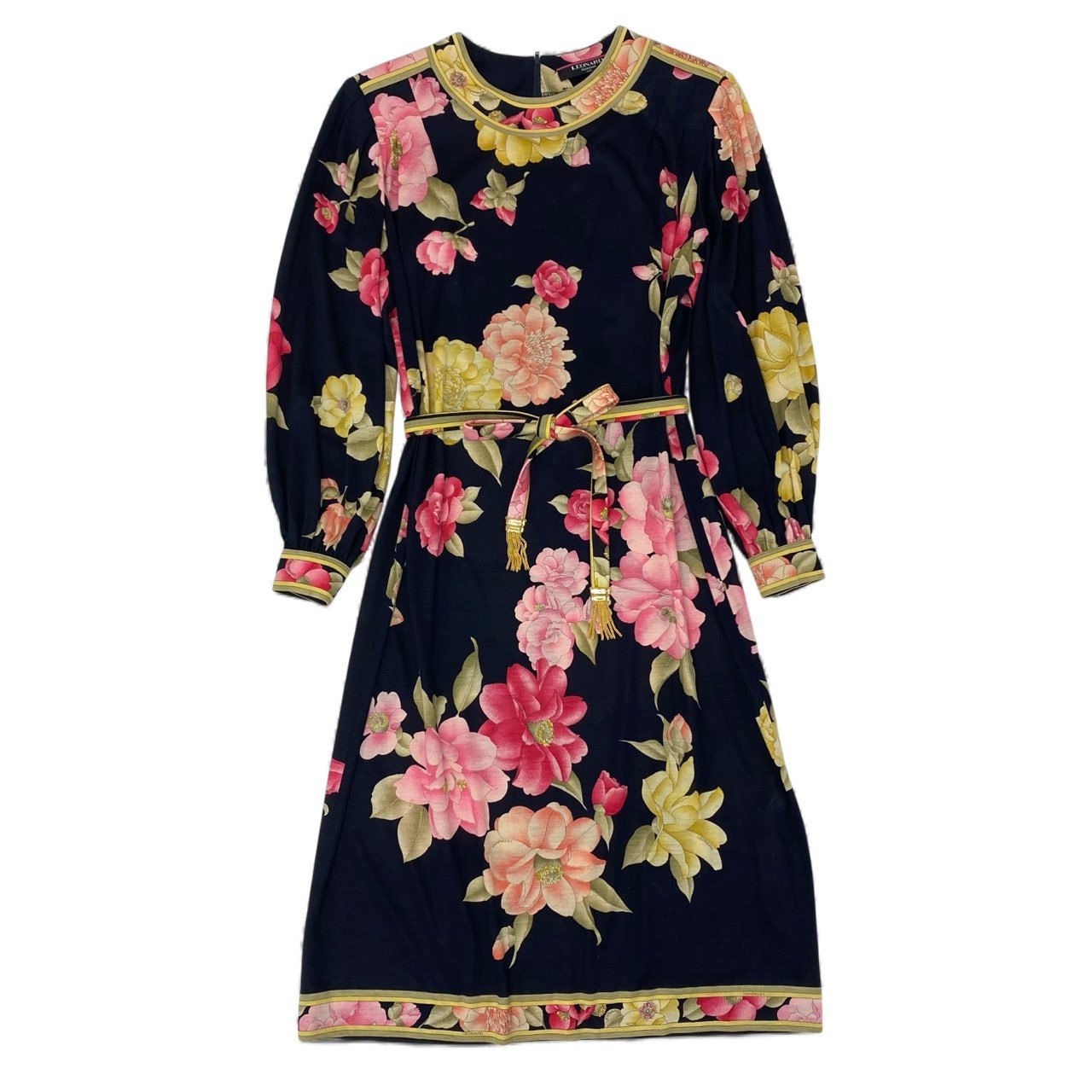 19k10 LEONARD レオナール 長袖ワンピース ロングワンピース クルーネック 花柄 0320100 Mサイズ ネイビー レディースu02t