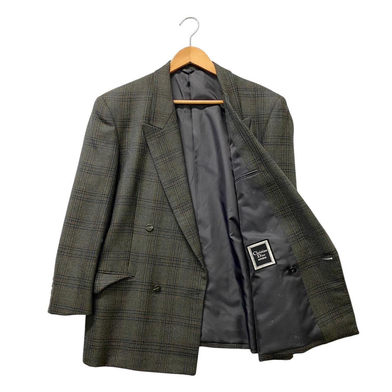 85g5 Christian Dior クリスチャンディオール テーラードジャケット ブレザー チェック柄 裏地CD柄 AB-5 Mサイズ グリーン ウール メンズo07t