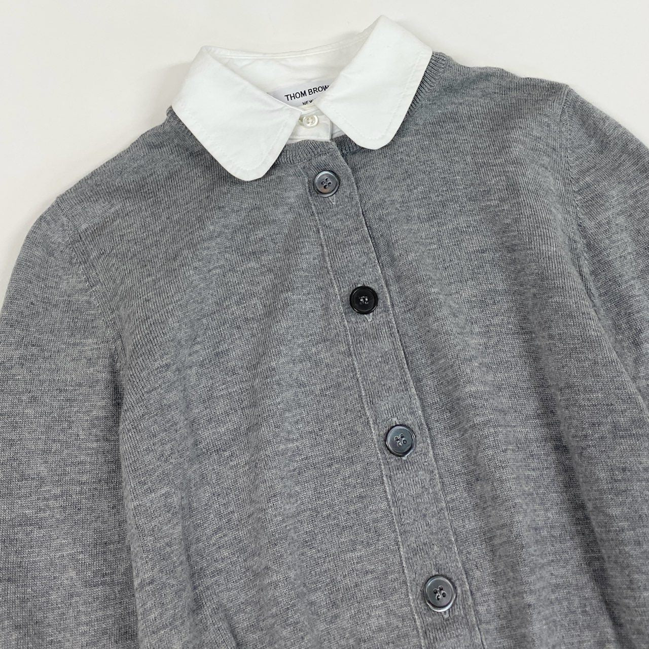 Ec3 THOM BROWNE トムブラウン トリコロール ニットカーディガン 襟付き ドッキングデザイン FKC393A 36 グレー ウール コットン レディースk02i