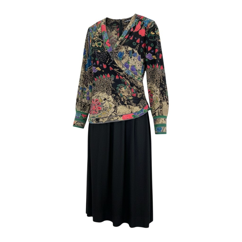 40k26 LEONARD レオナール ドッキングワンピース 長袖ワンピース フロントクロス 花柄モチーフ レディース 女性用 L ブラック ウールシルクo07t