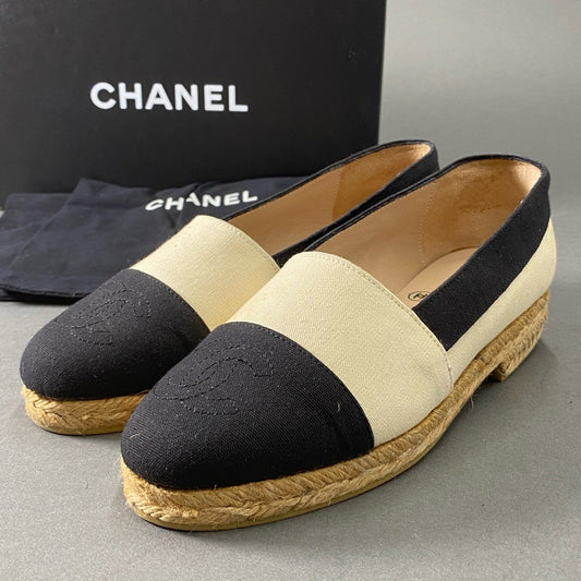 5f18 CHANEL シャネル ココマーク エスパドリーユ シューズ 36 ブラック ホワイト スリッポン フランス製