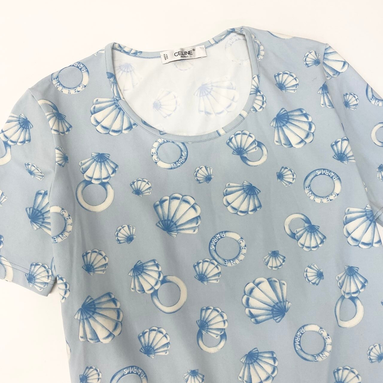 Ic30  CELINE セリーヌ マリン柄 半袖Tシャツ クルーネック カットソー 総柄 伸縮ストレッチ レディース 女性服 ライトブルーu02t