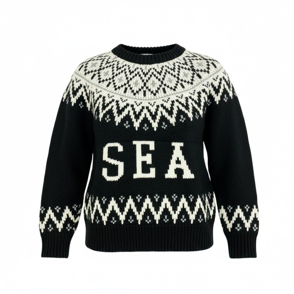 49L8 【美品】WIND AND SEA ウィンダンシー ノルディックセーター ニットセーター クルーネック 厚手 WKN-23-Q2-KN-03 Lサイズ ブラック ホワイト メンズo07t