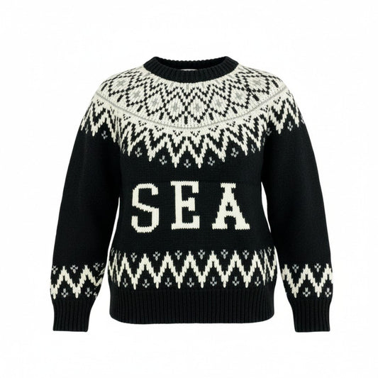 49L8 【美品】WIND AND SEA ウィンダンシー ノルディックセーター ニットセーター クルーネック 厚手 WKN-23-Q2-KN-03 Lサイズ ブラック ホワイト メンズo07t