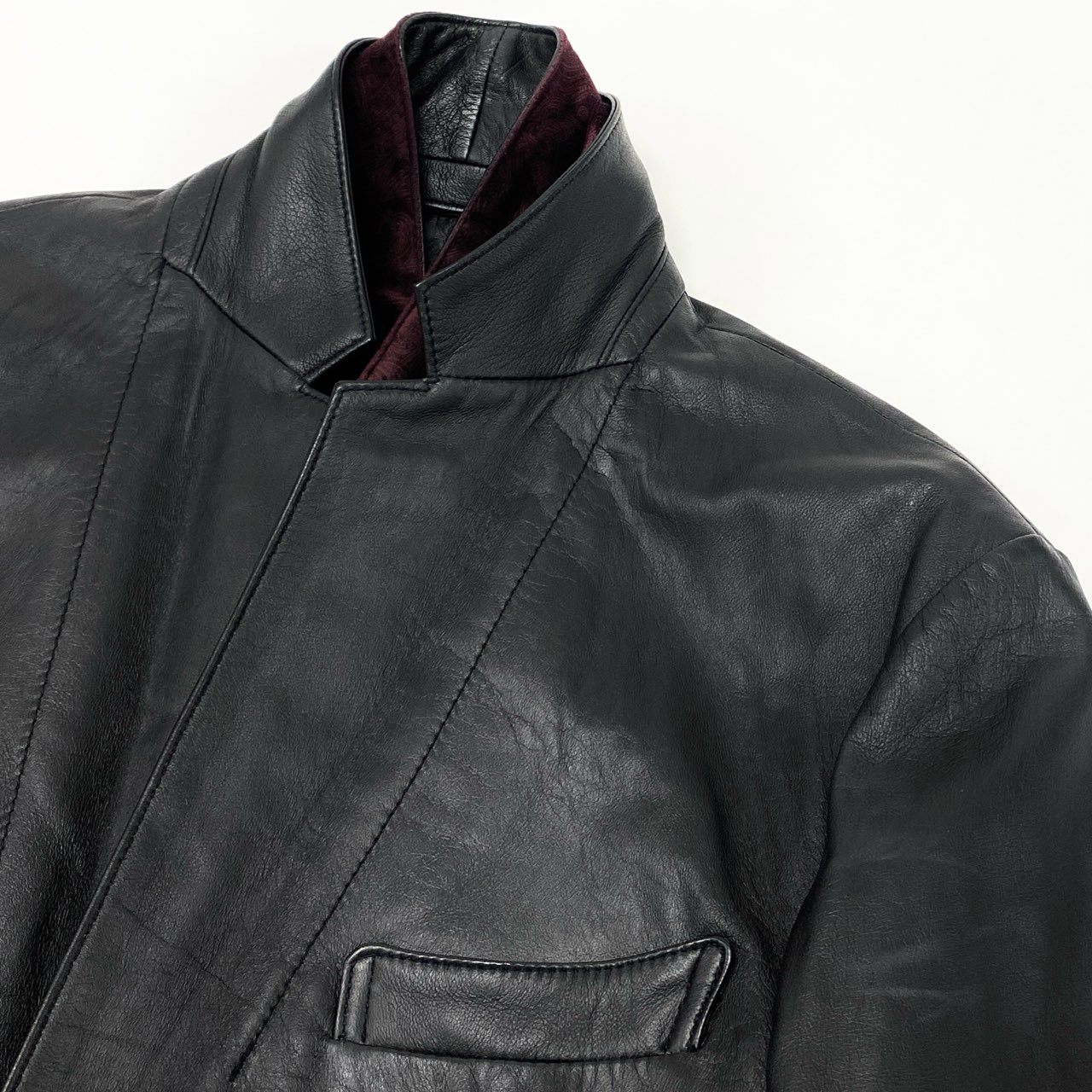 47k5 TENORAS ティノラス レザージャケット ロングジャケット 羊革 本革 ダブルカラー 2way 裏地ペイズリー柄 メンズ 紳士服 大きいサイズ LL ブラックo07t