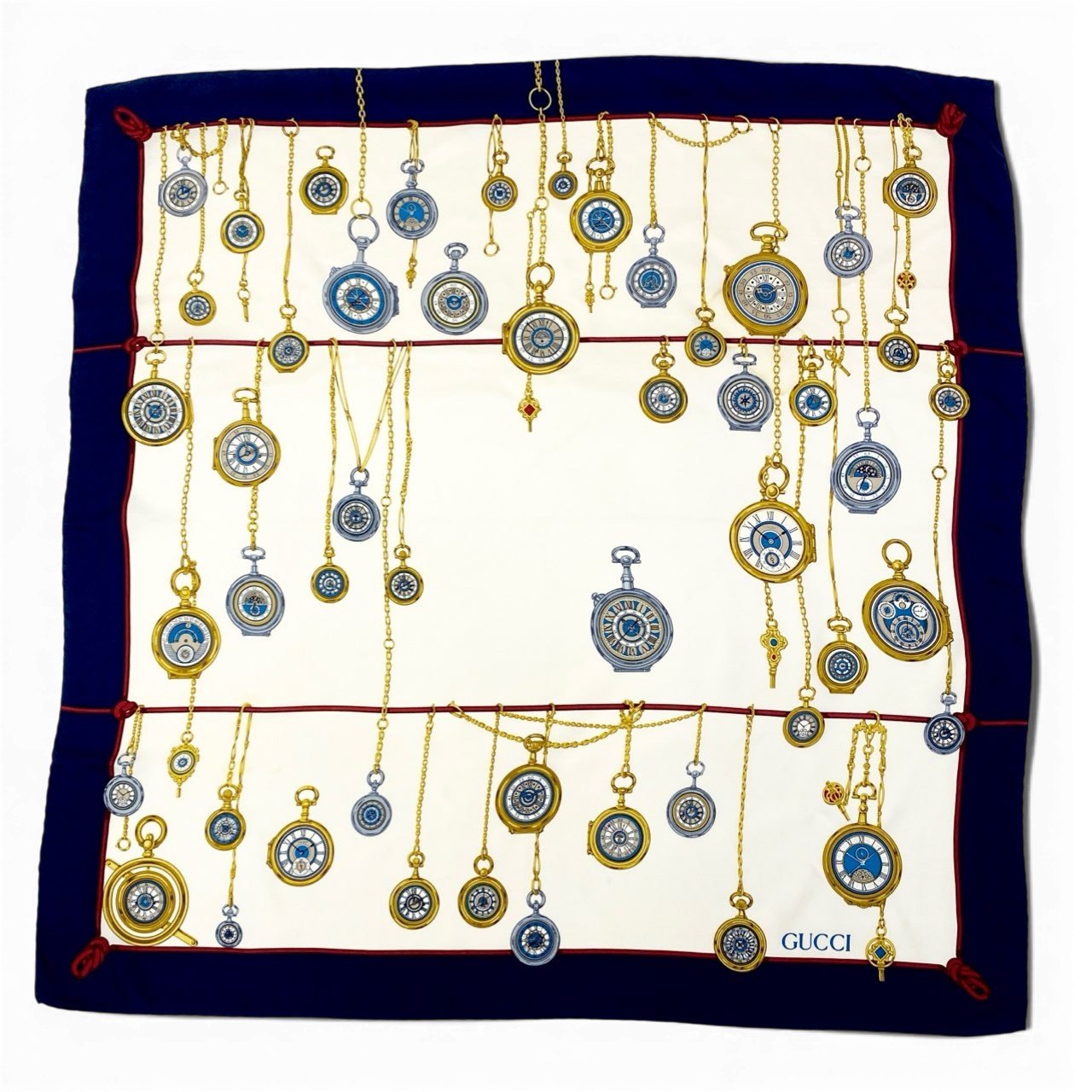 b20 GUCCI グッチ Pocket Watch Silk Scarf 懐中時計柄 スカーフ ネイビー ホワイト シルク100％ イタリア製t18r