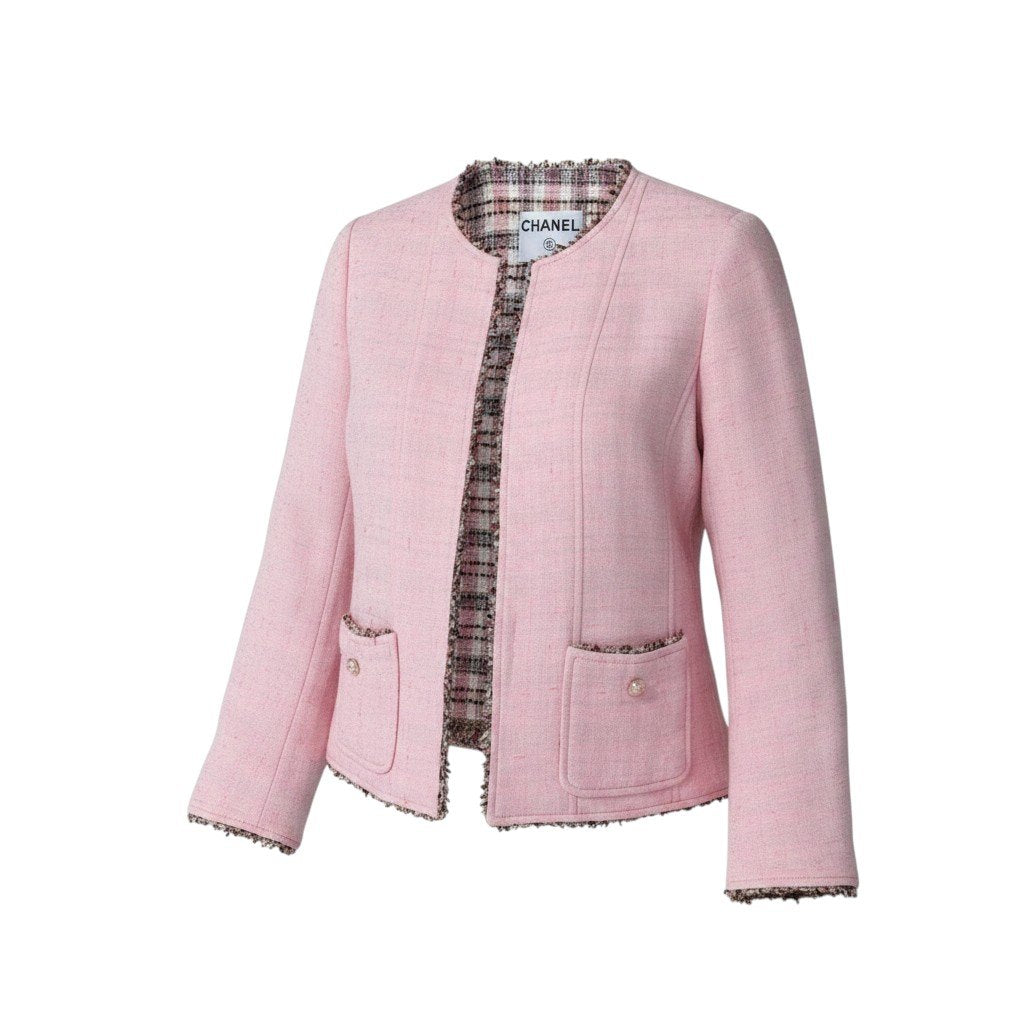 Cf11 CHANEL シャネル 03P チェーントリム ツイード 2Pジャケット ココマーク パールボタン サイズ36 ピンク レディース 女性用ta1