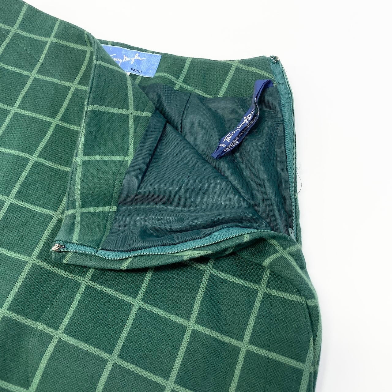 21c18 Thierry mugler ティエリーミュグレー セットアップスカート ノーカラージャケット フォーマル チェック柄 コットン 9AR グリーン 綿100％o07t
