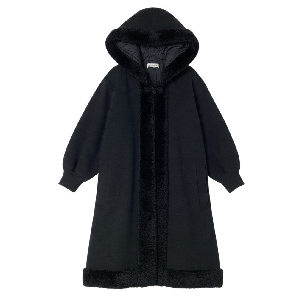j29 YVESSAINTLAURENT ウールフーディーコート ボアデザイン アウター Mサイズ ブラック ウール100％ レディース 女性用u02t