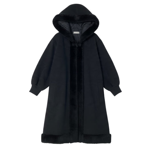 j29 YVESSAINTLAURENT ウールフーディーコート ボアデザイン アウター Mサイズ ブラック ウール100％ レディース 女性用u02t