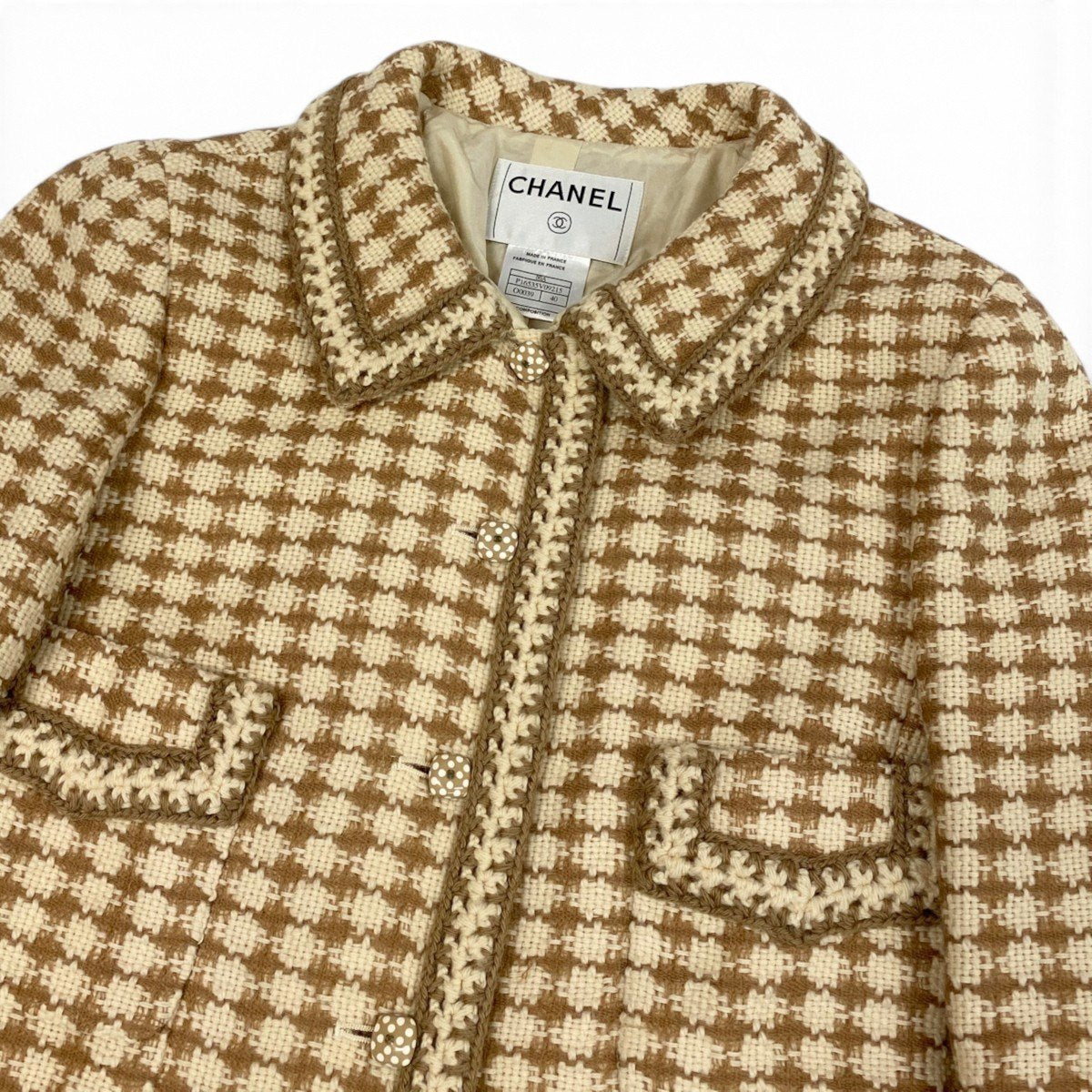 i22 CHANEL シャネル 00A 千鳥格子 ドット柄ボタン ツイードコート Vintage Polka Dot button Tweed Coat P16535 Size40 ベージュt18r