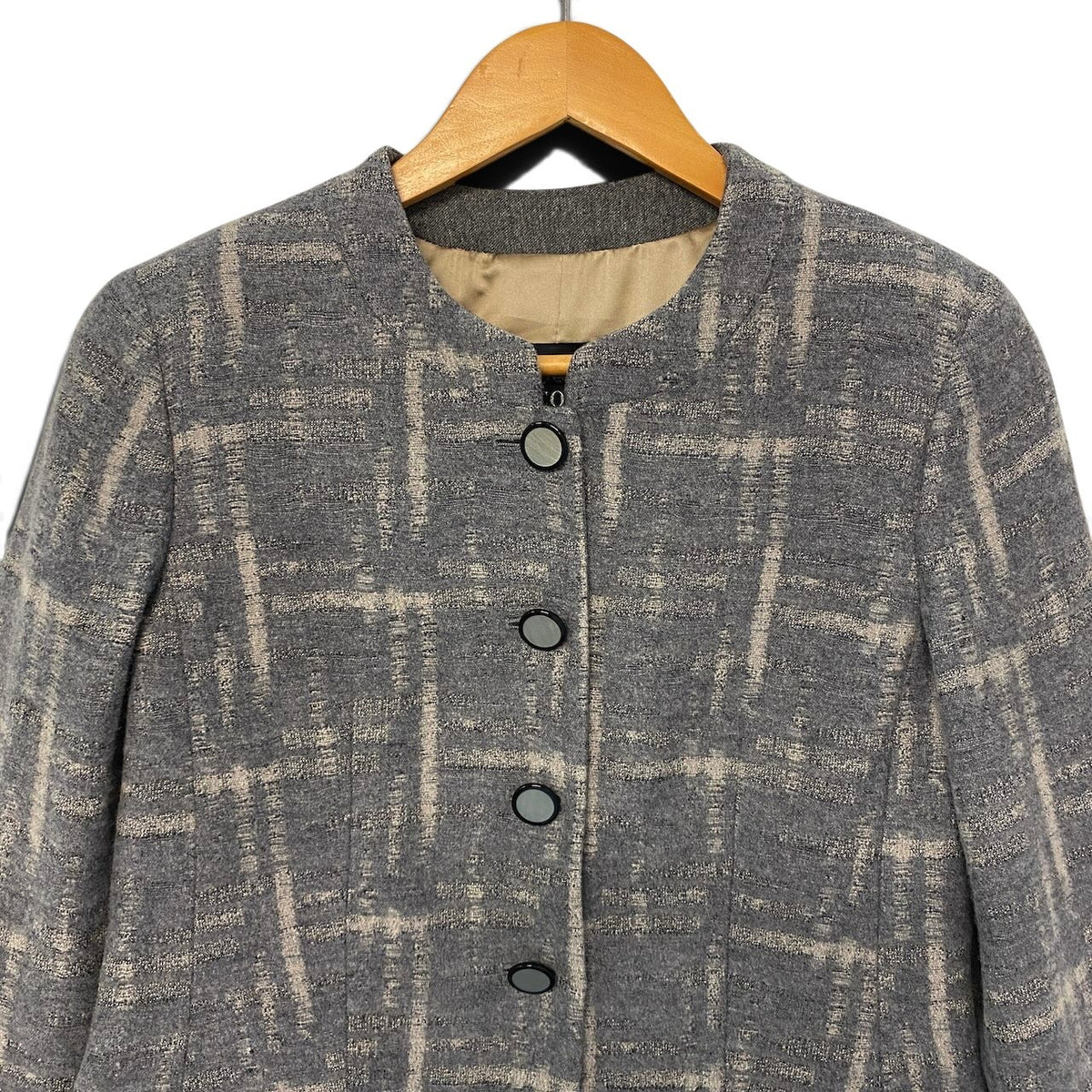 38j22 【美品】EMPORIO ARMANI ICON エンポリオアルマーニ アイコン ノーカラージャケット チェック柄 アウター 38サイズ グレー レディース 女性用u02t