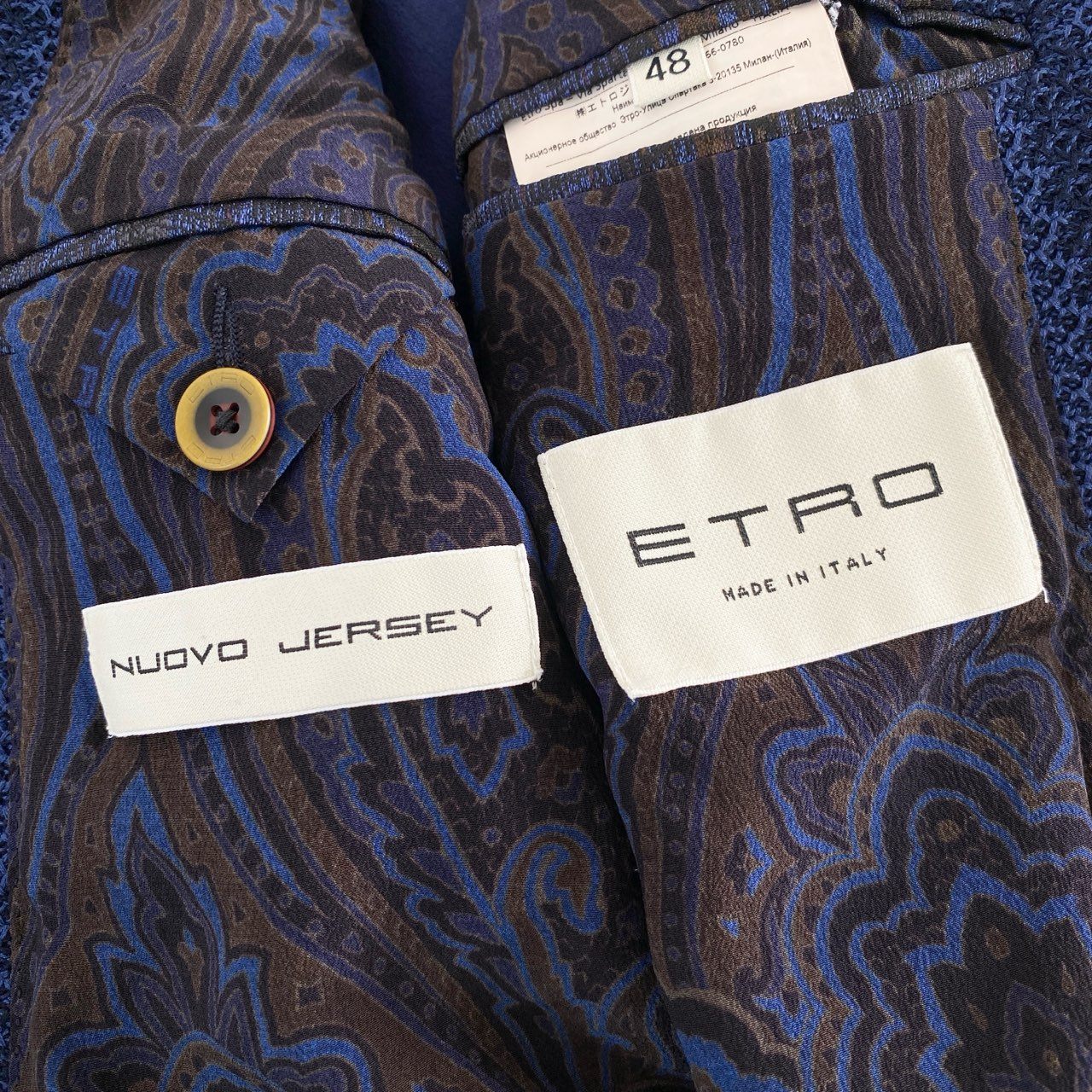 76j2 ETRO エトロ 191-1G217-8006 NUOVO JERSEY ダブル テーラードジャケット 裏地ペイズリー柄 サイズ48 ブルー メンズ イタリア製