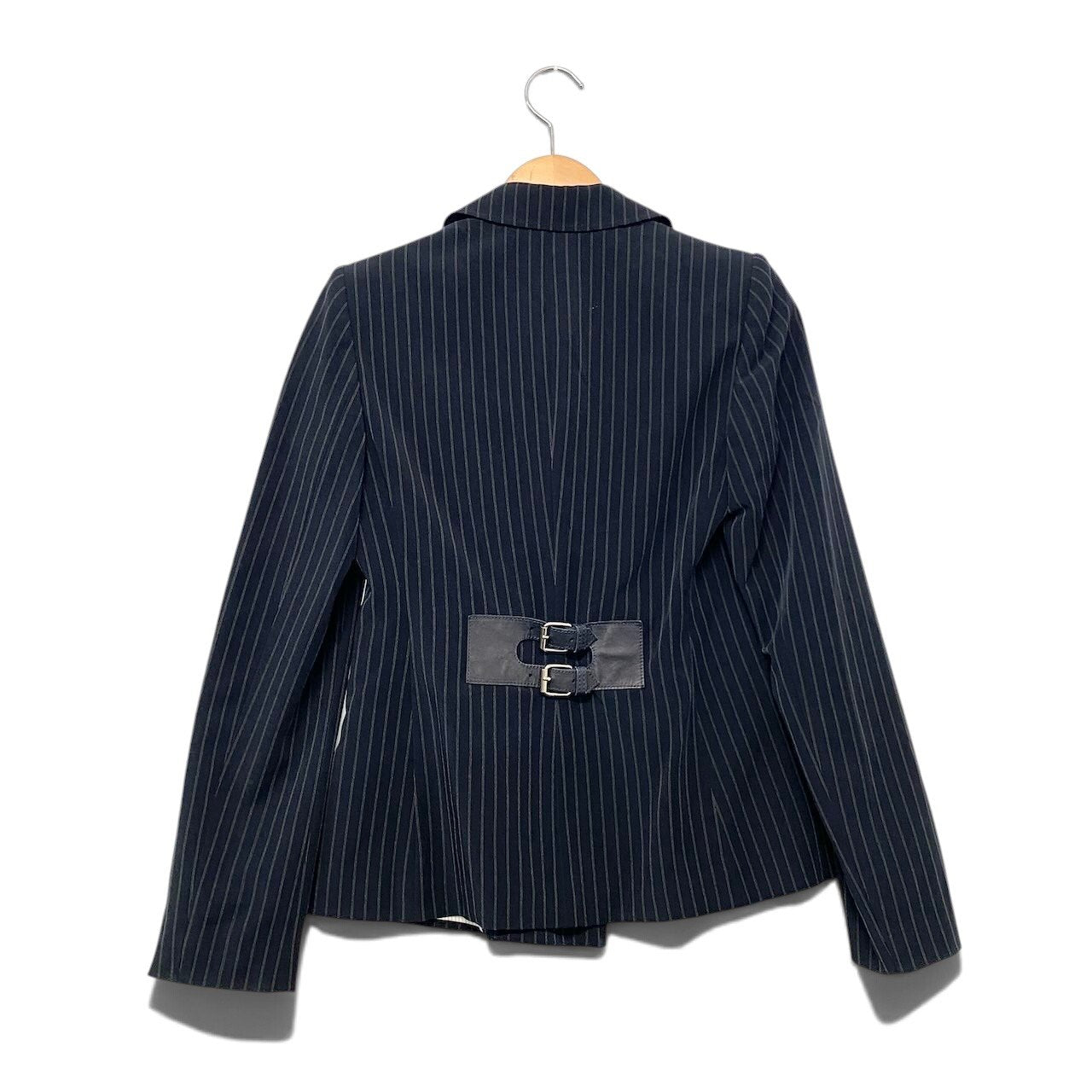 48i1 EMPORIO ARMANI エンポリオアルマーニ バックベルト テーラードジャケット ダブルブレスト ストライプ柄 ネイビー レディース 女性用u02t