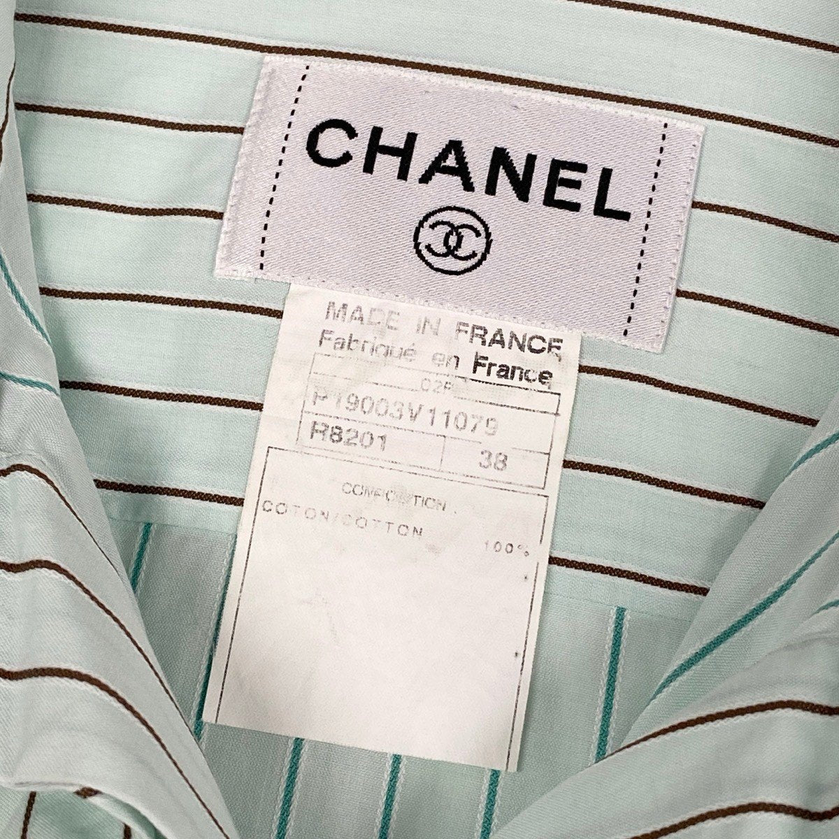Cg19 CHANEL シャネル 2002年ノースリーブ ストライプシャツ ブラウス P19003V11079 サイズ38 ミントグリーン ブラウン コットン100％ レディースu02t