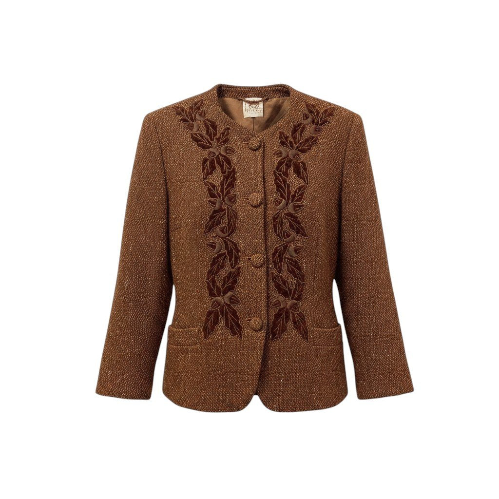 3g2 LOEWE ロエベ ノーカラー ツイードジャケット 刺繍デザイン サイズ42 ブラウン レディース 女性用u02t