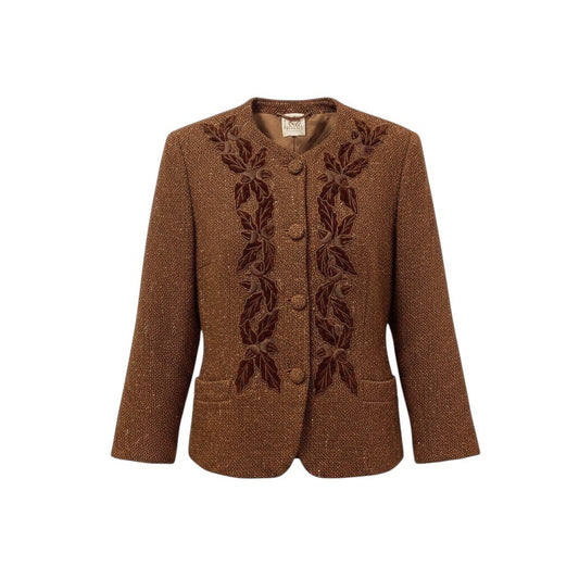3g2 LOEWE ロエベ ノーカラー ツイードジャケット 刺繍デザイン サイズ42 ブラウン レディース 女性用u02t