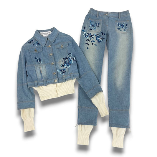 Ic24 Christian Dior クリスチャンディオール ガリアーノ期 フラワー刺繍 デニムセットアップ by Galliano Flour Embroidery Denim Setup サイズ40 / 34 インディゴブルーt18r