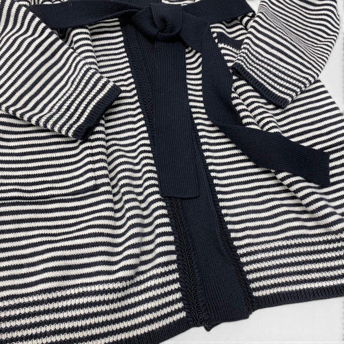 88i15 【未使用タグ付】 Max Mara マックスマーラ ロングニットカーディガン ボーダー柄 ウエストリボン M ネイビー ホワイト ウール100％ レディースu02t