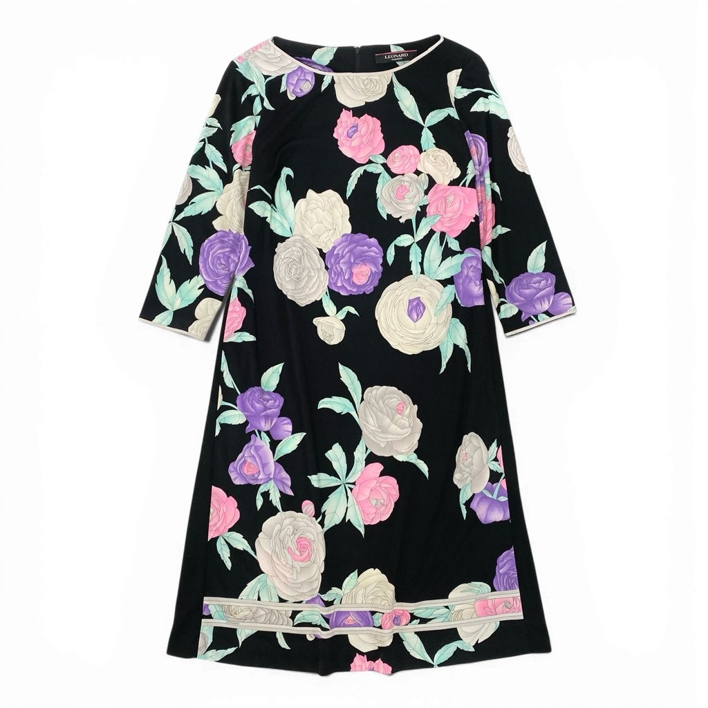 6l25 LEONARD レオナール カンカン素材 ロングワンピース ７分袖 美しい花柄プリント 40 マルチカラー レディースu02t