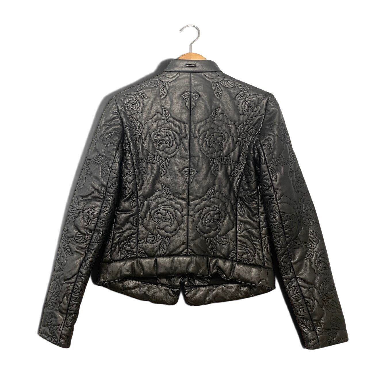 5h28 ARMANI JEANS アルマーニジーンズ ダブルライダースジャケット 中綿 レザージャケット バラ柄 サイズ40 ブラック レディース女性用u02t