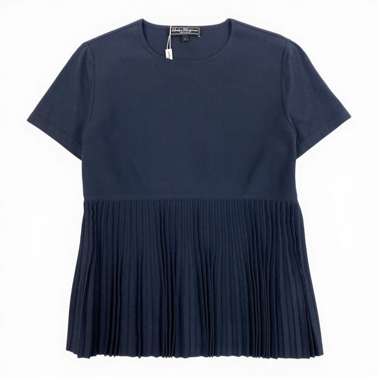 Eb19 《美品》 Salvatore Ferragamo サルヴァトーレフェラガモ プリーツ切替 半袖Tシャツ カットソー トップス L ネイビー レディースu02t