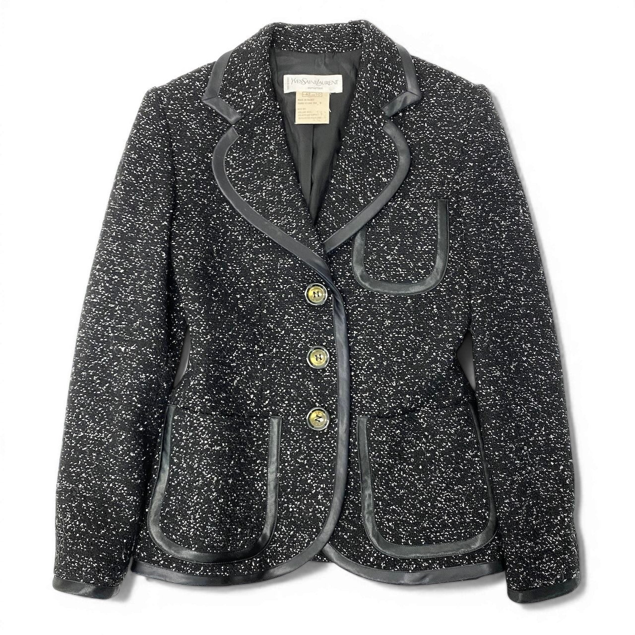 76d9 Yves Saint Laurent イヴサンローラン ツイードジャケット テーラードジャケット ラメニット レザーパイピング ウール混 フランス42 ブラック レディース 女性用o07t