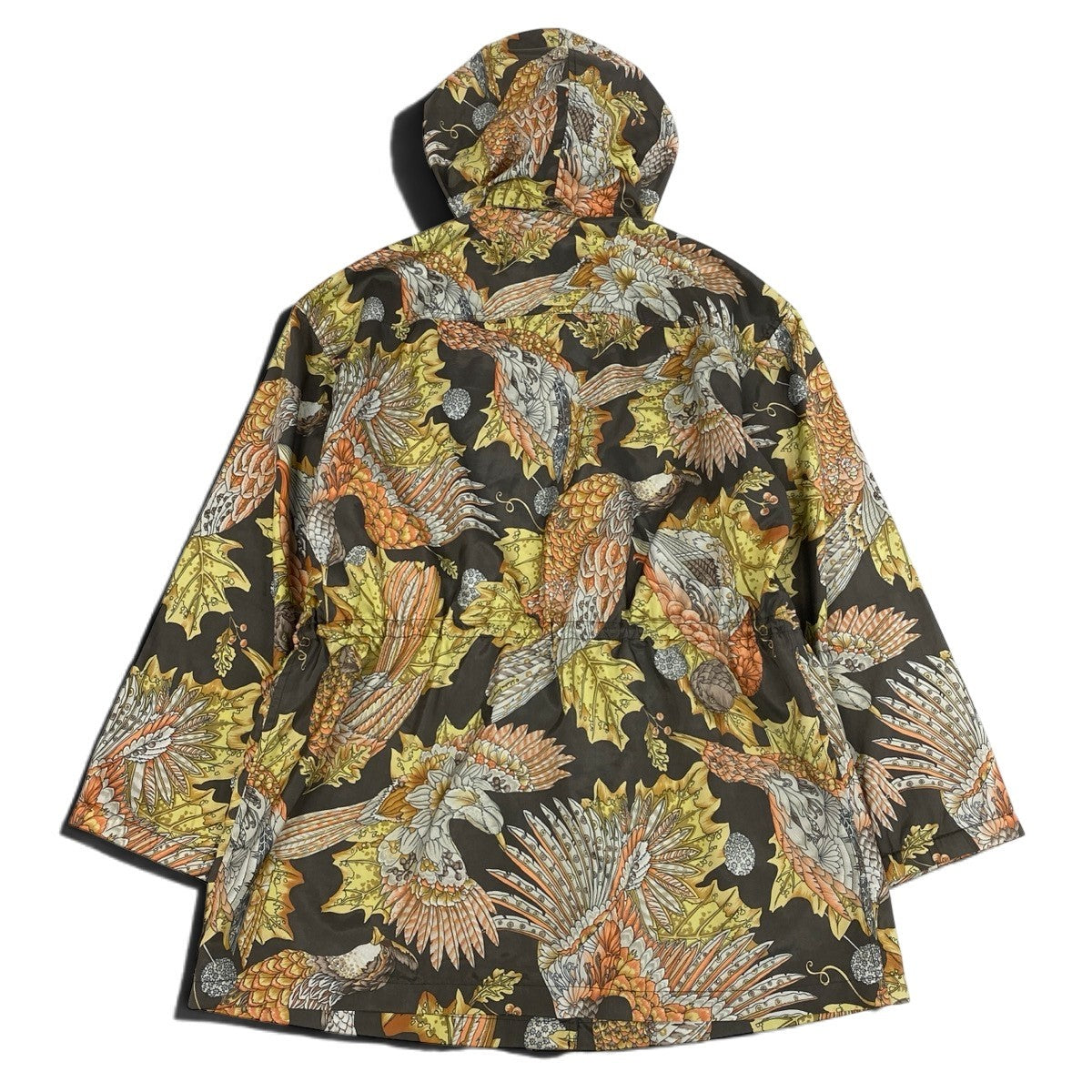 j19 Salvatore Ferragamo フード付きジャケット 鳥 花柄 総柄 ミドル丈 Sサイズ ブラウン系 ポリエステル100％ レディース 女性用u02t