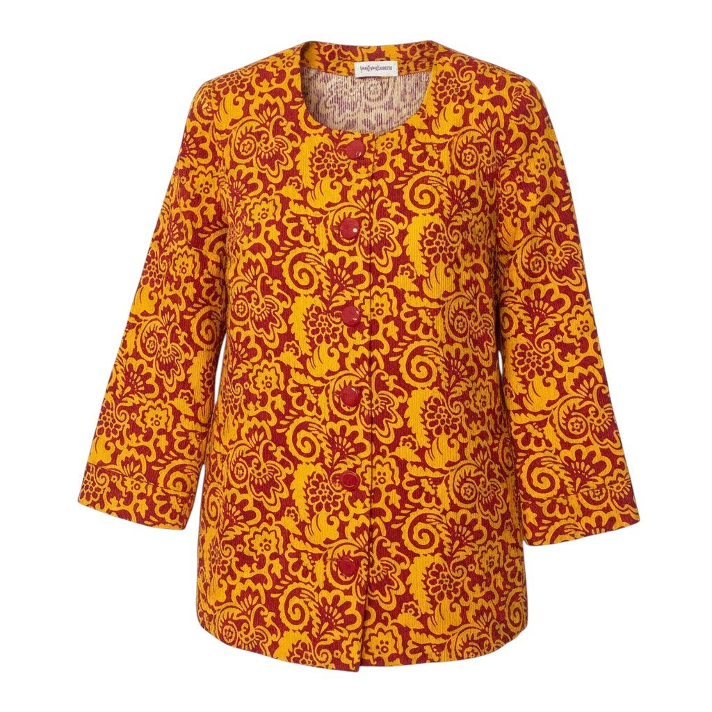 Ef15 Yves Saint Laurent イヴサンローラン 総柄プリント ノーカラージャケット アウター Mサイズ オレンジ レッド コットン レディースo07t