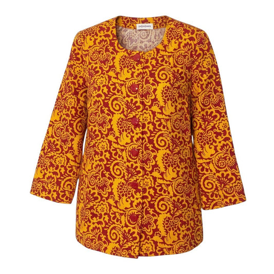 Ef15 Yves Saint Laurent イヴサンローラン 総柄プリント ノーカラージャケット アウター Mサイズ オレンジ レッド コットン レディースo07t